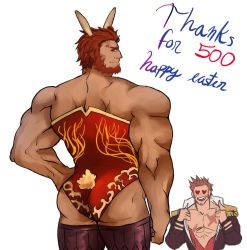 Rule 34 | 2boys, abs, animal ears, ass, bara, bare shoulders, beard, blush, brown hair, easter, epaulettes, facial hair, fake animal ears, fate/grand order, fate (series), iskandar (fate), loboke, looking at viewer, looking back, male focus, male playboy bunny, multiple boys, muscular, napoleon bonaparte (fate), open clothes, open mouth, pectorals, playboy bunny, rabbit ears, red eyes, scar, sideburns, simple background, smile, thighs, undressing, upper body