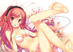 Rule 34 | 1girl, 47agdragon, barefoot, bikini, blush, breasts, cleavage, digital media player, feet, floral background, flower, hand on own chest, headphones, ipod, legs up, long hair, looking at viewer, lying, navel, original, red eyes, red hair, sarong, see-through, see-through sarong, shiny skin, smile, soles, solo, swimsuit, toes, white bikini