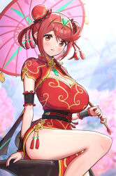 Rule 34 | 1girl, absurdres, alternate costume, alternate hairstyle, artist name, breasts, chest jewel, china dress, chinese clothes, cleavage, double bun, dress, gonzarez, hair bun, highres, holding, holding umbrella, huge breasts, looking at viewer, parted lips, pyra (xenoblade), red dress, red eyes, red hair, sitting, smile, solo, teeth, thighs, tiara, umbrella, xenoblade chronicles (series), xenoblade chronicles 2