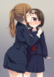 Rule 34 | 2girls, blush, broiler, brown hair, cowboy shot, cyclops, eyebrows, closed eyes, licking, licking eye, long sleeves, multiple girls, one-eyed, open mouth, original, ponytail, profile, sailor, short hair, simple background, standing, tongue, tongue out