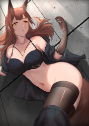 Rule 34 | 1girl, animal ears, arknights, black bra, black gloves, black shirt, black thighhighs, blush, bra, breasts, brown hair, cleavage, collarbone, commentary, elbow gloves, english commentary, eyelashes, floral print, fox ears, fox tail, franka (arknights), gloves, highres, krirk, large breasts, long hair, looking at viewer, lying, midriff, navel, o-ring, on side, open clothes, open shirt, parted lips, shirt, solo, tail, thighhighs, thighs, tile floor, tiles, torn clothes, torn thighhighs, twisted torso, underwear, yellow eyes