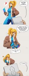 Rule 34 | 1girl, 1other, ?, alternate costume, autograph, blonde hair, blue eyes, blush, conversation, english text, happy, highres, jacket, metroid, nervous, nintendo, one eye closed, open mouth, paper, pen, plugsuit, pointing, pointing at self, ponytail, pov, samus aran, simple background, smile, source request, speech bubble, surprised, sweat, thegreyzen, v, writing