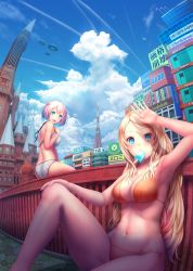 Rule 34 | 2girls, absurdres, akano murasaki, armpits, ass, back, bikini, blonde hair, blue eyes, breasts, city, cloud, contrail, day, fisheye, flying saucer, food, hair flaps, halterneck, hand on own chest, hand on own head, hand on own knee, highres, knee up, large breasts, looking at viewer, looking back, mouth hold, multiple girls, navel, on ground, on railing, open mouth, orange bikini, original, outdoors, paper airplane, pink hair, popsicle, railing, shading eyes, shiny skin, short hair, side-tie bikini bottom, sitting, sky, smile, spacecraft, spire, string bikini, striped bikini, striped clothes, summer, swimsuit, tokyo tower, tower, ufo