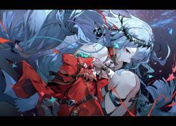 Rule 34 | 1girl, animal, arknights, bare shoulders, bow, bowtie, dadijiji, dress, fish, from side, hair ornament, hairband, highres, leg belt, letterboxed, long hair, looking at viewer, official alternate costume, ponytail, red dress, red eyes, silver hair, skadi (arknights), skadi the corrupting heart (arknights), solo, underwear, very long hair