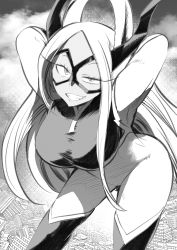Rule 34 | 1girl, absurdres, animal ears, arms behind head, boku no hero academia, breasts, cosplay, domino mask, fake horns, giant, giantess, highres, horns, large breasts, long hair, looking at viewer, mask, mirko, monochrome, mount lady, mount lady (cosplay), nstime23, rabbit ears, sketch, smile, solo, thighs