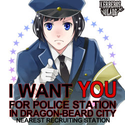 Rule 34 | 1boy, artist request, black hair, blue eyes, character request, english text, gloves, hat, i want you, kerberos blade, lowres, male focus, parody, pointing, pointing at viewer, police, police hat, police uniform, short hair, solo, uniform