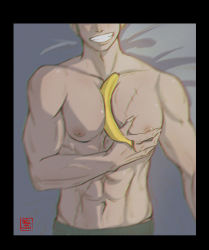 Rule 34 | 1boy, abs, banana, bara, between pecs, between pectorals, food, from above, fruit, grabbing, green eyes, green hair, grin, head out of frame, highres, large pectorals, lastel r, lying, male focus, muscular, muscular male, navel, nipples, on back, on bed, one piece, pecjob, pectoral grab, pectoral squeeze, pectorals, roronoa zoro, seductive smile, grabbing own breast, short hair, smile, solo, stomach, topless male, upper body