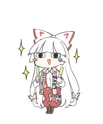 Rule 34 | 1girl, :d, black eyes, blunt bangs, blush stickers, bow, chibi, commentary request, deetamu, dual wielding, fujiwara no mokou, full body, hair bow, holding, long hair, open mouth, simple background, smile, solo, sparkle, touhou, very long hair, white background, white bow, white hair