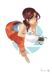 Rule 34 | 1girl, aperture science advanced knee replacement, aperture science handheld portal device, bad deviantart id, bad id, bent over, brown hair, chell, jumpsuit, long hair, minami-nyan, orange jumpsuit, portal, portal (object), portal (series), portal 1, portal 2, solo, tank top, valve