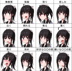 Rule 34 | &gt; &lt;, 1girl, absurdres, ac130, ahoge, black hair, blush, expression chart, expressions, closed eyes, girls&#039; frontline, gsh-18 (girls&#039; frontline), hair ribbon, highres, looking at viewer, looking away, multiple views, open mouth, ribbon, saliva, translation request