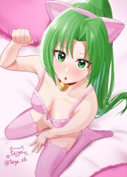 Rule 34 | 1girl, :o, alternate costume, animal ears, bare arms, bare shoulders, bell, between legs, blurry, blush, bra, breasts, cat ears, cleavage, collarbone, colored eyelashes, commentary, depth of field, downblouse, eyes visible through hair, fake animal ears, foreshortening, from above, green eyes, green hair, hair between eyes, hand between legs, hand up, highres, higurashi no naku koro ni, jingle bell, knees out of frame, large breasts, long hair, looking at viewer, looking up, navel, neck bell, nose blush, on bed, open mouth, parted bangs, paw pose, pink bra, pink thighhighs, ponytail, shy, signature, sitting, skindentation, solo, sonozaki mion, straight hair, taiga sb, thighhighs, thighs, tsurime, twitter username, underwear, upturned eyes, very long hair, wariza