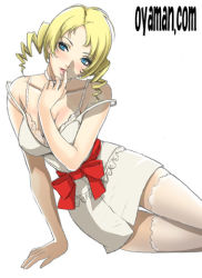 Rule 34 | 1girl, arm support, atlus, bare shoulders, blonde hair, blue eyes, blush, bow, breasts, catherine, catherine (game), cleavage, dress, drill hair, finger to mouth, large breasts, lipstick, lowres, makeup, off shoulder, oyaman, ribbon, short hair, solo, strap slip, thighhighs, twin drills, twintails, waist bow
