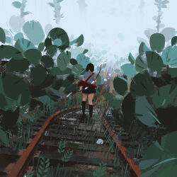 Rule 34 | 1girl, arrow (projectile), black footwear, black hair, black skirt, bow (weapon), commentary, day, english commentary, fog, from behind, girl chasing giants (yun ling), grass, highres, landscape, original, outdoors, overgrown, plant, railroad tracks, scenery, shirt, short hair, short sleeves, skirt, sky, solo, t-shirt, walking, weapon, yun ling
