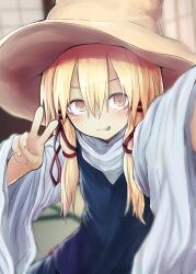 Rule 34 | 1girl, :q, blonde hair, blurry, blurry background, blush, brown hat, commentary request, hair between eyes, hat, highres, indoors, long hair, looking at viewer, mirino, moriya suwako, selfie, solo, tongue, tongue out, touhou, v, white sleeves, wide sleeves, yellow eyes