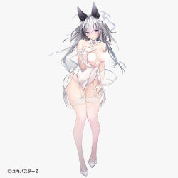Rule 34 | 1girl, breasts, censored, fishnets, full body, garter straps, grey hair, hand on own chest, heels, large breasts, original, shoes, short hair, source request, tagme, white hair, yukibuster z