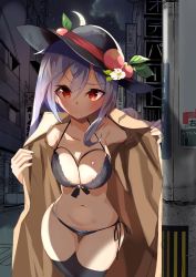 Rule 34 | 1girl, black bra, black hat, black panties, black thighhighs, blue hair, blush, bra, breasts, brown coat, building, cleavage, coat, commentary request, crescent moon, food-themed hat ornament, fruit hat ornament, hat, hat ornament, hat ribbon, highres, hinanawi tenshi, long hair, long sleeves, looking at viewer, medium breasts, moon, navel, night, night sky, panties, peach hat ornament, public indecency, red eyes, red ribbon, ribbon, sidelocks, sky, solo, standing, star (sky), starry sky, stomach, tetsurou (fe+), thighhighs, thighs, touhou, trench coat, underwear, unworn clothes, upper body