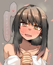 Rule 34 | 1girl, collarbone, commentary request, dress, ergot, fubuki (anniversary) (kancolle), fubuki (kancolle), fubuki kai ni (anniversary) (kancolle), fubuki kai ni (kancolle), green eyes, grey background, hair down, jewelry, kantai collection, medium hair, off-shoulder dress, off shoulder, official alternate costume, official alternate hairstyle, own hands clasped, own hands together, ring, simple background, solo, steam, translation request, upper body, wedding ring, white dress