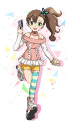 Rule 34 | 1girl, :d, asymmetrical legwear, bracelet, brown hair, butterfly hair ornament, card, choker, chousoku henkei gyrozetter, collarbone, full body, green eyes, hair between eyes, hair ornament, hanzou, holding, holding card, inaba rinne, jewelry, leg up, long hair, long sleeves, looking at viewer, off-shoulder shirt, off shoulder, open mouth, pink shirt, shirt, short shorts, shorts, side ponytail, single thighhigh, smile, solo, standing, standing on one leg, striped clothes, striped thighhighs, thighhighs, uneven legwear, white sleeves, yellow shorts