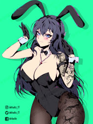Rule 34 | 1girl, absurdres, animal ears, arm tattoo, armband, artist name, bare shoulders, black bow, black bowtie, black gloves, black leotard, blue eyes, blush, bow, bowtie, breasts, chain necklace, cleavage, closed mouth, collarbone, commentary, cowboy shot, defaultz, detached collar, english commentary, facebook username, fake animal ears, fishnet pantyhose, fishnets, frown, gloves, green background, hair between eyes, hair ornament, half gloves, hands up, heart, highleg, highleg leotard, highres, instagram username, jewelry, leg tattoo, legs apart, leotard, long hair, looking at viewer, necklace, no bra, pantyhose, playboy bunny, rabbit pose, sagging breasts, sakurajima mai, seishun buta yarou, shadow, simple background, solo, strapless, strapless leotard, tattoo, tattoo on hips, tattoo on thigh, tattoo sleeve, twitter logo, twitter username, wrist cuffs, x hair ornament