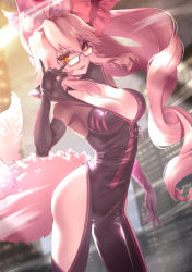 Rule 34 | 1girl, animal ear fluff, animal ears, backlighting, black bodysuit, bodysuit, bow, breasts, center opening, choker, cleavage, fate/grand order, fate (series), fox ears, fox girl, fox shadow puppet, fox tail, glasses, hair between eyes, hair bow, hip vent, koyanskaya (assassin) (first ascension) (fate), koyanskaya (fate), large breasts, long hair, looking at viewer, open mouth, p-kana, pink bow, pink hair, ponytail, sidelocks, smile, solo, tail, tamamo (fate), thighs, yellow eyes