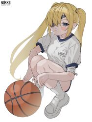 Rule 34 | 1girl, ball, basketball (object), blonde hair, blue eyes, blush stickers, breasts, copyright name, eyepatch, full body, goddess of victory: nikke, guillotine (nikke), gym shirt, gym uniform, highres, long hair, looking at viewer, machishita atake, name tag, shirt, simple background, small breasts, socks, solo, squatting, sweat, wavy hair, white background, white socks