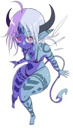 Rule 34 | 1girl, @ @, ahoge, bare arms, bare legs, bare shoulders, barefoot, bikini, black bikini, blue hair, blue skin, body markings, breasts, cleavage, closed mouth, collarbone, colored skin, demon girl, demon tail, facial mark, fang, forehead mark, full body, groin, highleg, highleg bikini, highres, horns, inarou (rakugakiproject), knees, legs, looking at viewer, medium hair, navel, open hands, original, parted bangs, pink eyes, pointy ears, short hair, sideboob, simple background, small breasts, solo, swimsuit, tail, thighs, white background, wide hips