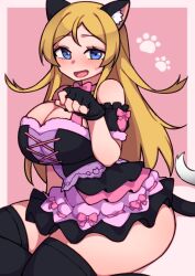 Rule 34 | 1girl, animal ears, black thighhighs, blonde hair, blue eyes, breasts, cat ears, cat tail, cleavage, dress, kwaejina, large breasts, long hair, open mouth, original, paw pose, sitting, solo, sweatdrop, tail, thighhighs