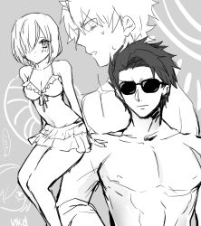 Rule 34 | 1girl, 2boys, alternate costume, arms behind back, bare shoulders, bikini, blush, breasts, cleavage, detached sleeves, fate/grand order, fate (series), father and daughter, front-tie bikini top, front-tie top, fujimaru ritsuka (male), greyscale, hair over one eye, lancelot (fate/grand order), mash kyrielight, medium breasts, monochrome, multiple boys, nkdume (dadadadann), short hair, sunglasses, sweatdrop, swimsuit