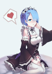 Rule 34 | 10s, 2girls, blue eyes, blue hair, breasts, cleavage, detached sleeves, dre, eyebrows, hair ornament, hair over one eye, hair ribbon, hand on another&#039;s cheek, hand on another&#039;s face, heart, highres, maid, multiple girls, out of frame, purple ribbon, ram (re:zero), re:zero kara hajimeru isekai seikatsu, rem (re:zero), ribbon, short hair, siblings, sisters, speech bubble, spoken heart, thighhighs, twins, underbust, white legwear, wide sleeves, x hair ornament