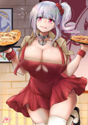 Rule 34 | 1girl, adapted costume, anchor choker, apron, azur lane, beige shirt, belfast (azur lane), belfast (azur lane) (cosplay), belfast (piping-hot perfection) (azur lane), black footwear, blunt bangs, blush, bouncing breasts, breasts, cleavage, clothing cutout, collarbone, commentary request, cosplay, cowboy shot, dido (azur lane), drill hair, flying sweatdrops, food, hair ornament, hair scrunchie, hairband, high heels, highres, holding, holding tray, ibara azuki, indoors, large breasts, long hair, looking to the side, low neckline, motion blur, motion lines, open mouth, pink eyes, pizza, poster (object), purple eyes, red apron, red scrunchie, scrunchie, short sleeves, side ponytail, sidelocks, signature, silver hair, skindentation, solo, standing, standing on one leg, thighhighs, tray, underboob, underboob cutout, wavy mouth, white thighhighs, wrist cuffs, zettai ryouiki