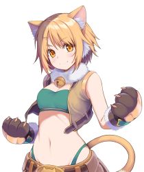 Rule 34 | 1girl, animal ear fluff, animal ears, animal hands, bare shoulders, bell, belt, bikini, blonde hair, blush, breasts, brown belt, cat ears, cat paws, cat tail, cleavage, closed mouth, commentary, cowboy shot, fur-trimmed gloves, fur collar, fur trim, gloves, green bikini, groin, hair between eyes, hair ornament, hairclip, highleg, highleg bikini, highres, hiyori (princess connect!), jingle bell, looking at viewer, medium breasts, midriff, navel, open clothes, open vest, paw gloves, princess connect!, ribucci, short hair, shorts, sidelocks, simple background, smile, solo, split mouth, standing, strapless, swimsuit, symbol-only commentary, tail, tube top, vest, white background, yellow eyes, yellow shorts, yellow vest
