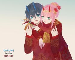 Rule 34 | 10s, 1boy, 1girl, alternate costume, alternate hairstyle, arm around neck, black hair, blue eyes, blue horns, blush, chinese clothes, chinese commentary, chinese text, chu dengdeng, commentary request, copyright name, couple, darling in the franxx, flower, gold trim, green eyes, hair flower, hair ornament, hand on another&#039;s arm, hand on another&#039;s chest, hetero, highres, hiro (darling in the franxx), holding, holding own arm, horns, hug, hug from behind, jewelry, long sleeves, looking at another, oni horns, pink hair, purple theme, red flower, red horns, short hair, tanabata, tiara, zero two (darling in the franxx)