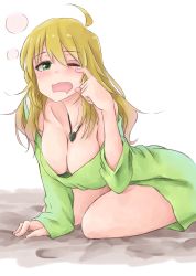 Rule 34 | 1girl, ahoge, blonde hair, blush, breasts, cleavage, downblouse, green eyes, hoshii miki, idolmaster, idolmaster (classic), jewelry, large breasts, long hair, one eye closed, open mouth, pendant, rucchiifu, solo, tears, yawning