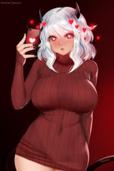 Rule 34 | 1girl, arm behind back, black nails, blush, breasts, bright pupils, commentary request, cowboy shot, demon girl, demon horns, demon tail, dress, easonx, fingernails, gradient background, heart, heart-shaped pupils, helltaker, highres, holding, holding phone, horns, large breasts, long hair, long sleeves, looking at viewer, modeus (helltaker), nail polish, nose blush, parted lips, phone, red background, red eyes, red sweater, sidelocks, silver hair, sleeves past wrists, solo, sweater, sweater dress, symbol-shaped pupils, tail, turtleneck, turtleneck sweater