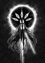 Rule 34 | 1girl, baloolax, black background, black sun, commentary, dark, dark persona, english commentary, floating, full body, glowing, glowing eyes, greyscale, highres, holding, holding sword, holding weapon, hololive, hololive english, horns, long hair, looking at viewer, monochrome, ninomae ina&#039;nis, simple background, solo, sun, sword, tentacle hair, transformation, twitter username, very long hair, virtual youtuber, weapon
