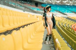 Rule 34 | 1girl, arena, asian, baseball bat, baseball cap, black hair, bra, breasts, chair, chinese clothes, chunmomo0127, cleavage, closed mouth, green baseball cap, green jacket, green socks, hat, holding, holding baseball bat, jacket, looking to the side, medium breasts, navel, outdoors, oversized clothes, oversized jacket, panties, photo (medium), real life, removing clothes, removing jacket, shoes, sneakers, socks, standing, stomach, twintails, underwear, white bra, white footwear, white panties, yellow chair