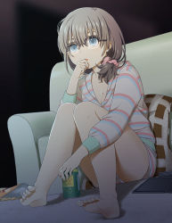 Rule 34 | 1girl, barefoot, breasts, can, cleavage, clenched hand, couch, drink can, feet, glasses, hand to own mouth, hood, hoodie, mattaku mousuke, multicolored stripes, night, original, pillow, scrunchie, short shorts, shorts, sitting, small breasts, soda can, solo, striped clothes, striped hoodie, toes