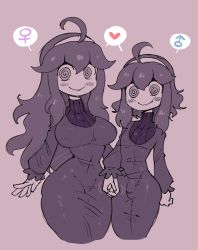 Rule 34 | 1boy, 1girl, @ @, ahoge, androgynous, blush, breasts, bulge, closed mouth, cowboy shot, creatures (company), dress, dual persona, game freak, hairband, heart, hex maniac (pokemon), highres, holding hands, large breasts, long hair, long sleeves, looking at viewer, monochrome, narrow waist, nintendo, pokemon, pokemon xy, purple background, purple dress, rariatto (ganguri), sidelocks, simple background, sketch, skin tight, smile, spoken heart, standing, trap, turtleneck, wide hips