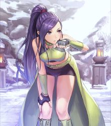 Rule 34 | 1girl, anbe yoshirou, bare shoulders, belt, bent over, black shorts, breasts, commentary request, day, dragon quest, dragon quest xi, fingerless gloves, gloves, hand on own knee, high ponytail, highres, leaning forward, long hair, looking to the side, martina (dq11), medium breasts, outdoors, ponytail, purple eyes, purple hair, shorts, solo, standing, sweatdrop, thighs, tile floor, tiles, very long hair