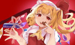 Rule 34 | 1girl, :p, ascot, blonde hair, blush, bow, box, candy, chocolate, chocolate heart, commentary request, crystal, dutch angle, finger to mouth, flandre scarlet, food, gift, gift box, gradient background, hat, hat bow, haya taro pochi, heart, holding, holding chocolate, holding food, looking at viewer, mob cap, puffy short sleeves, puffy sleeves, red background, red eyes, red vest, short hair, short sleeves, simple background, slit pupils, solo, tongue, tongue out, touhou, upper body, vest, white hat, wings, yellow ascot