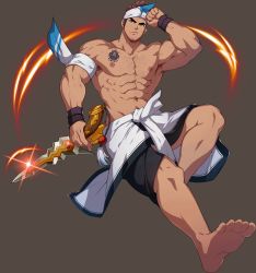 Rule 34 | 1boy, abs, armband, armpit hair, armpits, bara, biceps, bracelet, brown hair, chest hair, chest tattoo, clothes around waist, dagger, facial hair, frown, full service (mazjojo), gyee, hairy, hand on own face, headband, highres, jacket, jacket around waist, jewelry, knife, large pectorals, long sideburns, male focus, manly, mature male, mazjojo, muscular, muscular male, nipples, official art, oki ardana, pectorals, scabbard, sheath, sideburns, skirt, solo, spiked hair, stubble, tan, tattoo, thick arms, thick eyebrows, thick thighs, thighs, topless male, transparent background, veins, veiny arms, weapon, yellow eyes