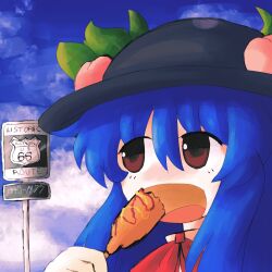 Rule 34 | 1girl, :d, absurdres, black hat, blue hair, blue sky, bow, bowtie, brown eyes, cloud, commentary request, corn dog, derivative work, eating, food, fruit, hat, highres, hinanawi tenshi, holding, holding food, iesonatana, ketchup, leaf, leaf hat ornament, long hair, looking afar, meme, mustard, open mouth, peach, peach hat ornament, pink bow, red bow, red bowtie, road sign, route 66, sign, sky, smile, solo, touhou, upper body