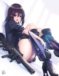Rule 34 | 1girl, :d, arms note, assault rifle, bionic joshikousei (fukai ryousuke), black skirt, boots, brown eyes, brown hair, bullpup, fukai ryosuke, gun, hair between eyes, hair ornament, hairclip, high heel boots, high heels, highres, long hair, looking at viewer, looking back, magnetic weapon, open mouth, original, rifle, shoe blade, sidelocks, signature, sitting, skirt, sleeves pushed up, smile, solo, suppressor, thighs, weapon