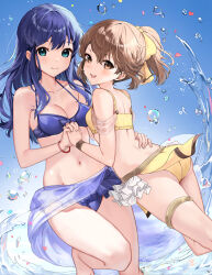 2girls ass bare_shoulders bikini blue_bikini blue_eyes blue_hair blue_sarong blush bracelet breasts brown_eyes brown_hair closed_mouth collarbone commentary commission delthea_(fire_emblem) fire_emblem fire_emblem_echoes:_shadows_of_valentia hand_on_another&#039;s_waist haru_(nakajou-28) highres holding_hands jewelry lilina_(fire_emblem) long_hair looking_at_viewer medium_breasts multiple_girls nintendo open_mouth sarong see-through see-through_sarong small_breasts smile swimsuit teeth thighlet thighs upper_teeth_only water yellow_bikini