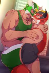 Rule 34 | 2boys, alternate costume, animal ears, bara, bare shoulders, black hair, bulge, bulge press, bulges touching, carrying, closed eyes, couple, cow ears, cow horns, crow (siranui), dark-skinned male, dark skin, facial hair, fake animal ears, goatee, green hair, highres, horns, ikusaba daisuke, large pectorals, male focus, protagonist 2 (housamo), protagonist 3 (housamo), multicolored hair, multiple boys, muscular, muscular male, pectoral cleavage, pectorals, princess carry, short hair, sideburns, sidepec, smirk, taurus mask, thick thighs, thighs, tokyo houkago summoners, two-tone hair, wrestling mask, wrestling outfit, yaoi