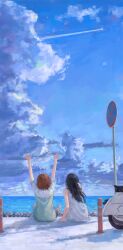 Rule 34 | 2girls, arm support, arms up, black hair, brown hair, chinese commentary, cloud, commentary request, contrail, day, dress, frilled sleeves, frills, from behind, hand in own hair, highres, long hair, multiple girls, ocean, original, outdoors, road sign, short sleeves, sign, sitting, sky, sundress, white dress, xilmo