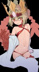 Rule 34 | 1girl, bare shoulders, black background, blonde hair, braid, braided bun, crown, doka yuki (tsumorisugi), dragon claw, dragon tail, facial mark, fate/grand order, fate (series), flat chest, hair bun, highres, looking at viewer, navel, nero claudius (fate), nero claudius (fate) (all), pointy ears, queen draco (fate), queen draco (second ascension) (fate), red eyes, revealing clothes, simple background, sitting, sketch, solo, tail