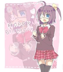Rule 34 | 1girl, ahoge, black jacket, black thighhighs, blazer, blue eyes, border, bow, bowtie, chuunibyou demo koi ga shitai!, collared shirt, commentary request, english text, eyepatch, frilled skirt, frills, hair bow, happy birthday, heart, icho private high school uniform, jacket, jaggy lines, long sleeves, medium hair, one side up, outline, outside border, pink background, plaid, plaid skirt, pleated skirt, pukapukapukka2007, purple hair, red bow, red bowtie, red skirt, school uniform, shirt, skirt, solo, takanashi rikka, tareme, thighhighs, white border, white outline, white shirt, yellow bow, zoom layer