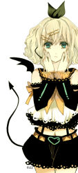 Rule 34 | bad id, bad pixiv id, bow, detached sleeves, hair bow, hair ornament, hairclip, halloween, kagamine rin, mzz, skirt, solo, tail, vocaloid, wings