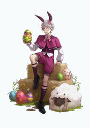 Rule 34 | 1boy, absurdres, alternate costume, animal ears, bad id, bad pixiv id, bede (pokemon), black footwear, buttons, capelet, commentary request, creatures (company), curly hair, easter, egg, exeggcute, eyelashes, fake animal ears, game freak, gen 1 pokemon, gen 3 pokemon, gen 8 pokemon, grass, grey eyes, grey hair, hand up, hatching, highres, holding, holding egg, kazuko (towa), knees, leg up, long sleeves, male focus, nintendo, notice lines, open mouth, pokemon, pokemon (creature), pokemon swsh, purple capelet, purple shorts, shoes, short hair, shorts, sitting, socks, straw (stalk), sweatdrop, tongue, torchic, wooloo